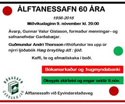 Álftanessafn 60 ára - afmæliskaffi miðvikudaginn 9. nóv. kl. 20. 